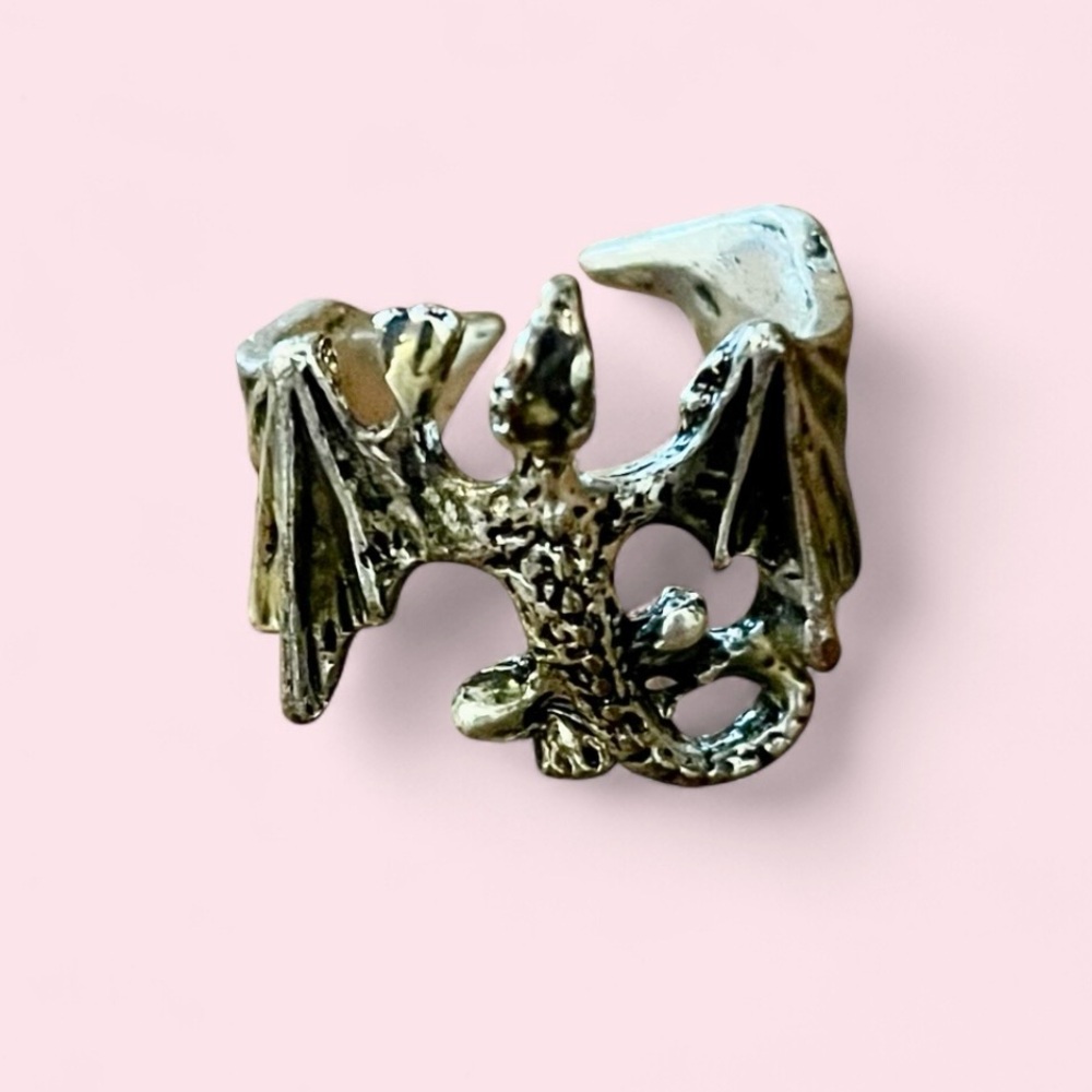 Adjustable Silver Dragon Ring - Metallic Silver Fantasy Accent